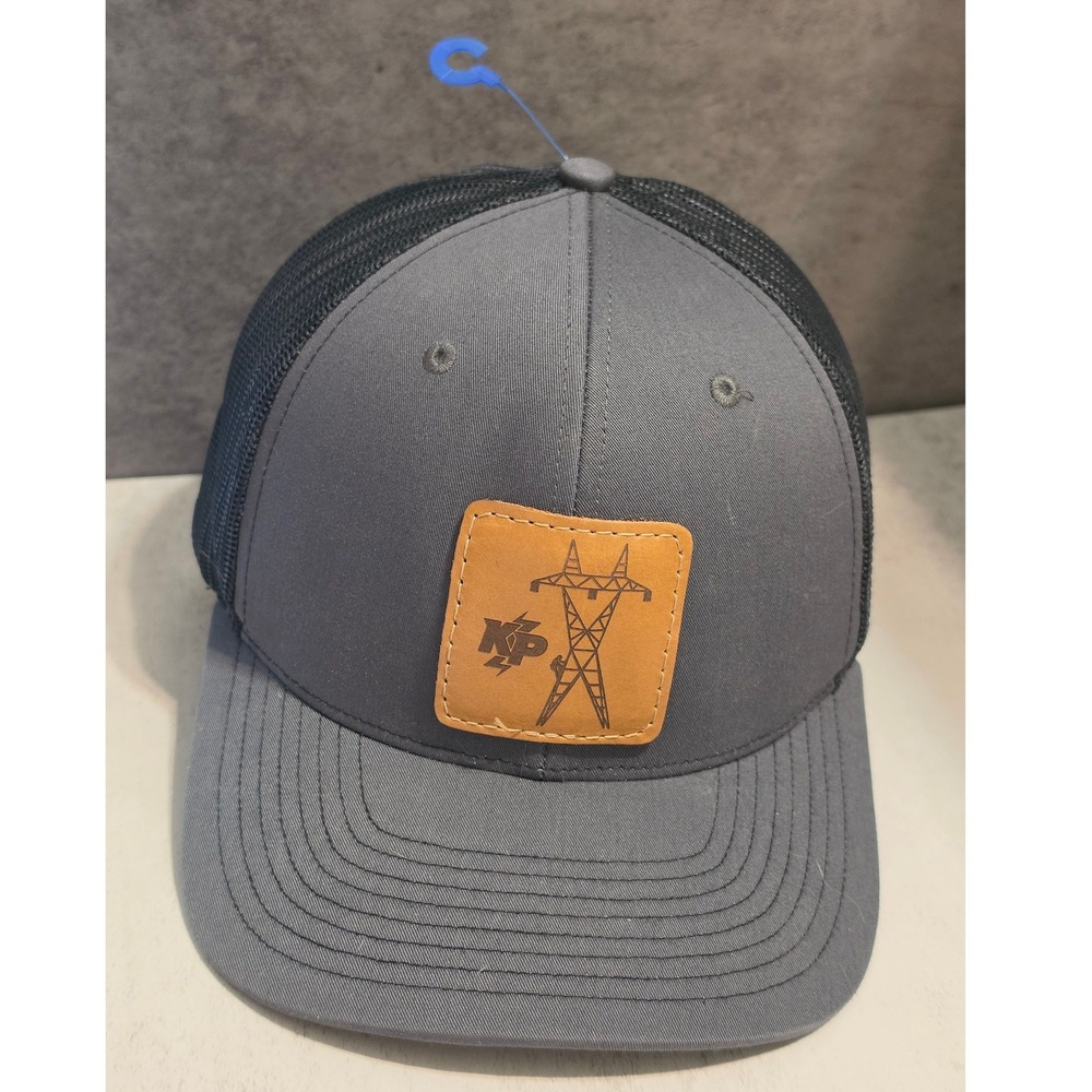 Richardson 112 Trucker Hat Gray Black KP Lineman Electrician Leather Patch Cap